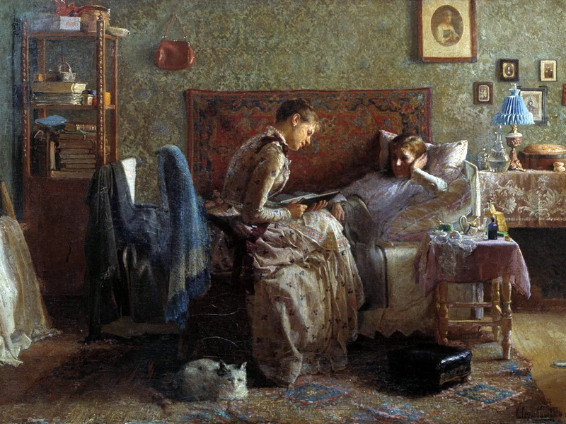 1863-Ivan Lavrentievich Gorokhov - Al capezzale di una donna in via di guarigione - Museo d'arte repubblicana della Buriazia intitolato a Ts.S. Sampilov